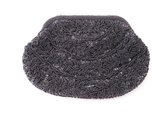 * VINTAGE '60s / '70s GLAMOROUS HAND MADE SPARKLING BLACK BEAD & SEQUIN  EVENING BAG FROM HONG KONG