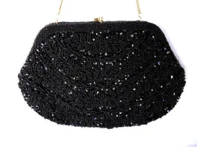 * VINTAGE '60s / '70s GLAMOROUS HAND MADE SPARKLING BLACK BEAD & SEQUIN  EVENING BAG FROM HONG KONG