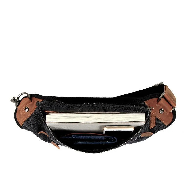 Black Canvas Leather Fanny Pack Men's Chest Bag Sling Hip Bag Canvas Waist Bag For Men