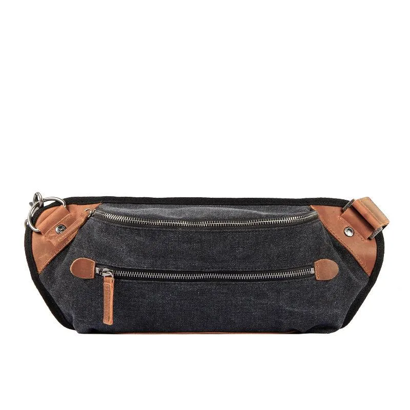 Black Canvas Leather Fanny Pack Men's Chest Bag Sling Hip Bag Canvas Waist Bag For Men