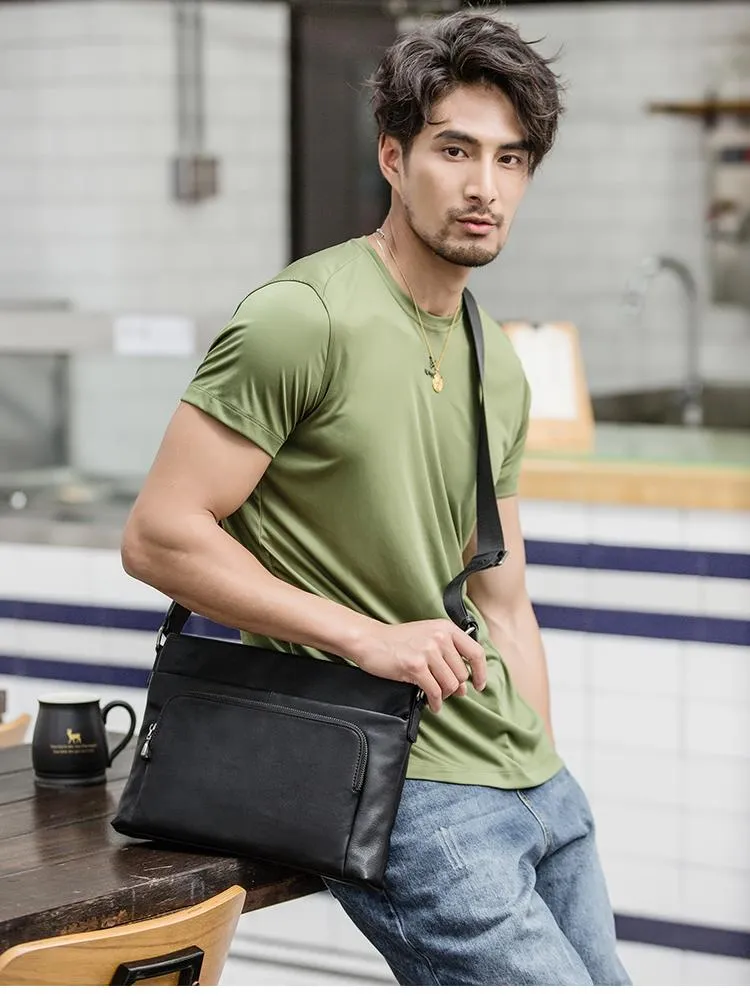 Black Casual Leather Mens 10 inches Side Bag Postman Bag Black Messenger Bag Courier Bag for Men