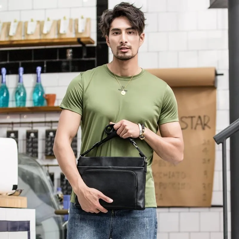 Black Casual Leather Mens 10 inches Side Bag Postman Bag Black Messenger Bag Courier Bag for Men