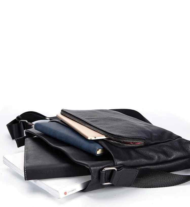 Black Casual Leather Mens 10 inches Side Bag Postman Bag Black Messenger Bag Courier Bag for Men