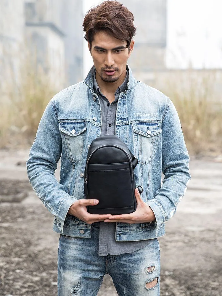 Black Casual Leather Mens Sling Bag Chest Bags Black One Shoulder Backpack Sling Pack for Men