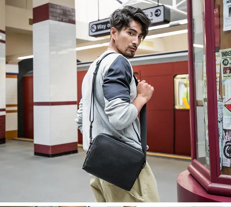 Black Cool Leather Mens 10 inches Side Bag Postman Bag Black Black Messenger Bags Courier Bag for Men