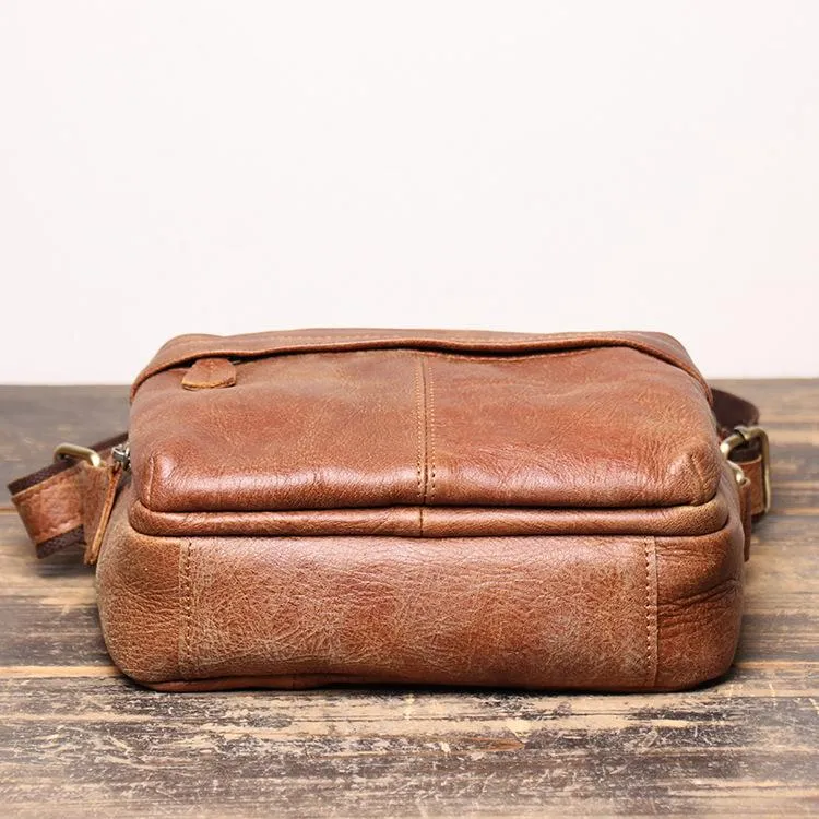 Black Leather Small Zipper Messenger Bag Courier Bag Brown Postman Bag For Men