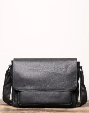 Black Leather Small Zipper Messenger Bag Small Side Bag Black Courier Bag Shoulder Bag For Men