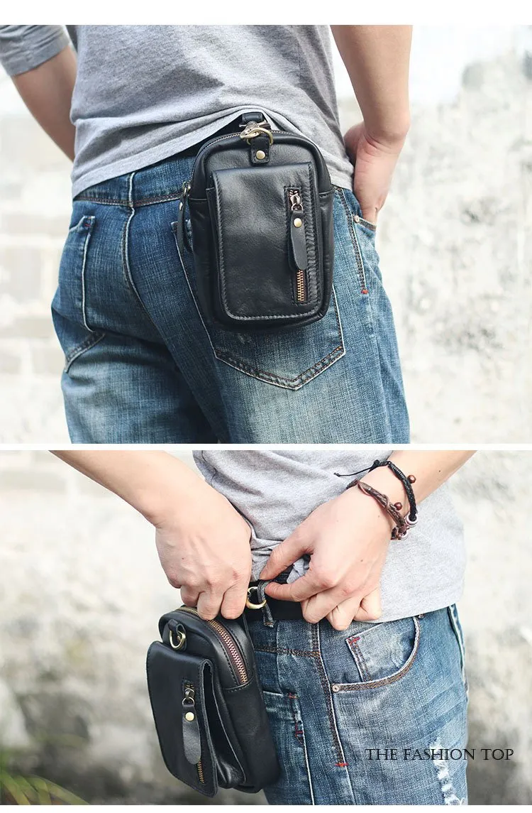 Black Vintage Leather Mens Belt Pouch Belt Bag Hip Pouch Waist Bags Dark Brown For Men