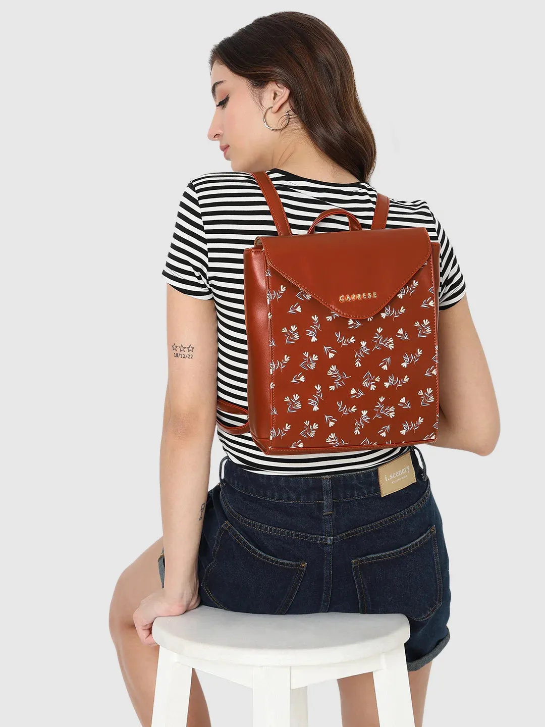 Caprese Merida Backpack Large Printed Women'S Bag Tan