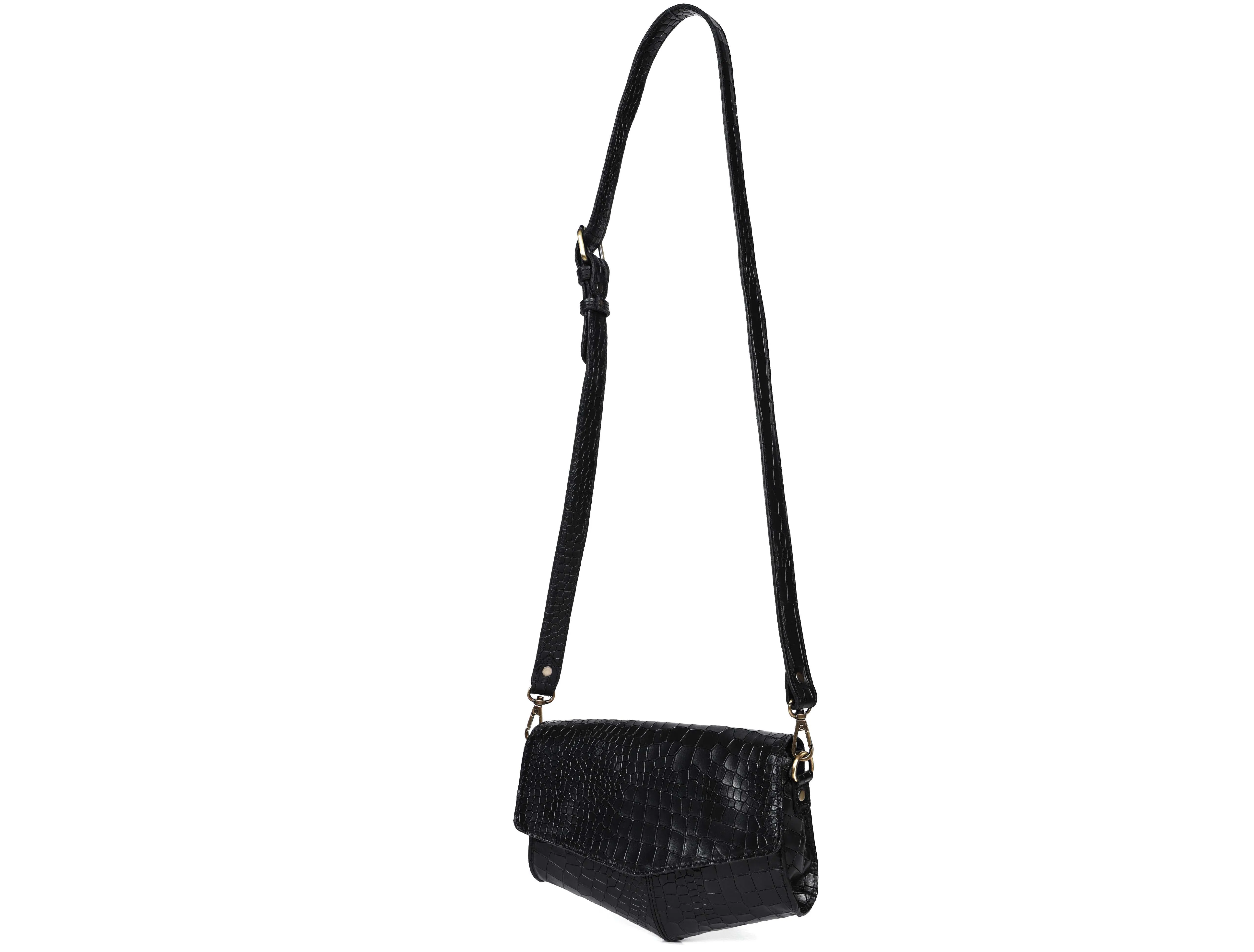 Chic Elegance: Black Deep Croco Leather Crossbody Bag. Art: BG-1602