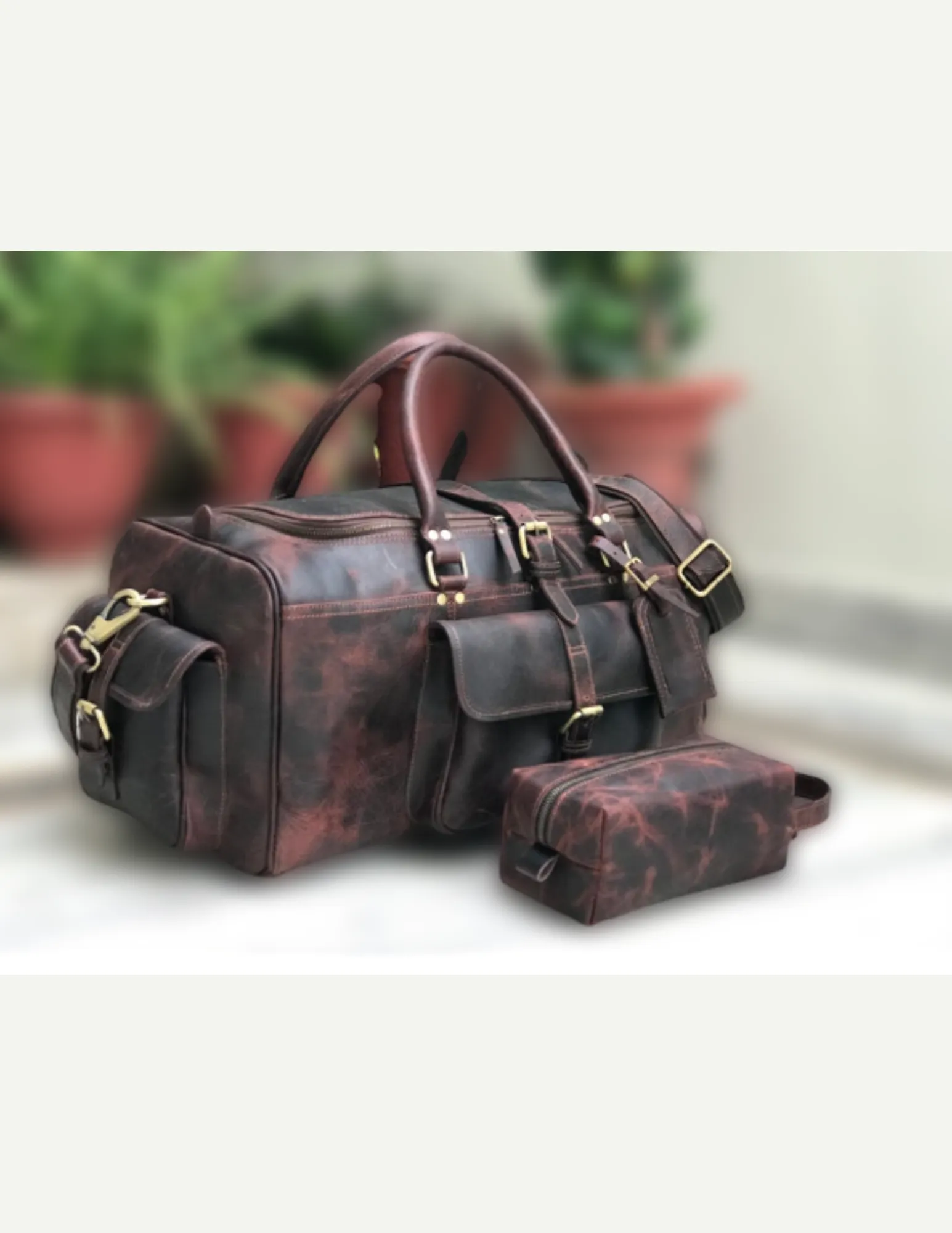 Combo Offer - 24 inch Men's Buffalo Leather Weekender Duffel and Toiletry Bag