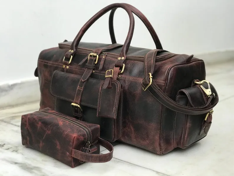 Combo Offer - 24 inch Men's Buffalo Leather Weekender Duffel and Toiletry Bag