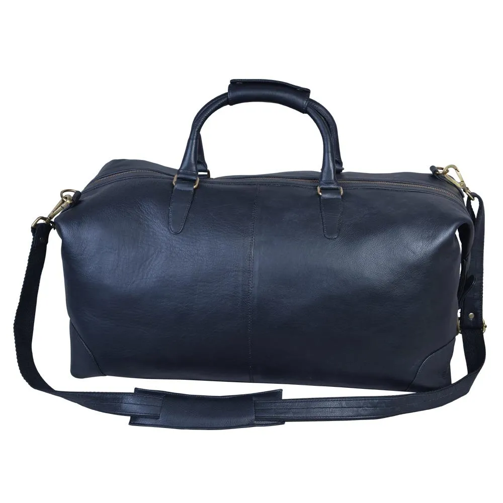 Duffy's black leather travel duffel bag