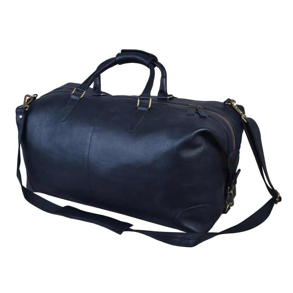 Duffy's black leather travel duffel bag