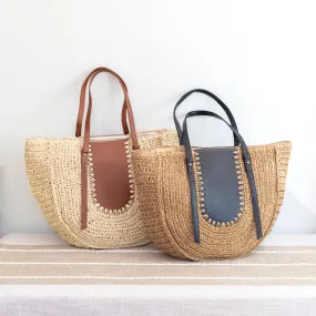 Elena Handbags Large Straw Woven Round Tote with Brown Leather Accents - Perfect Beach Bag or Summer Handbag