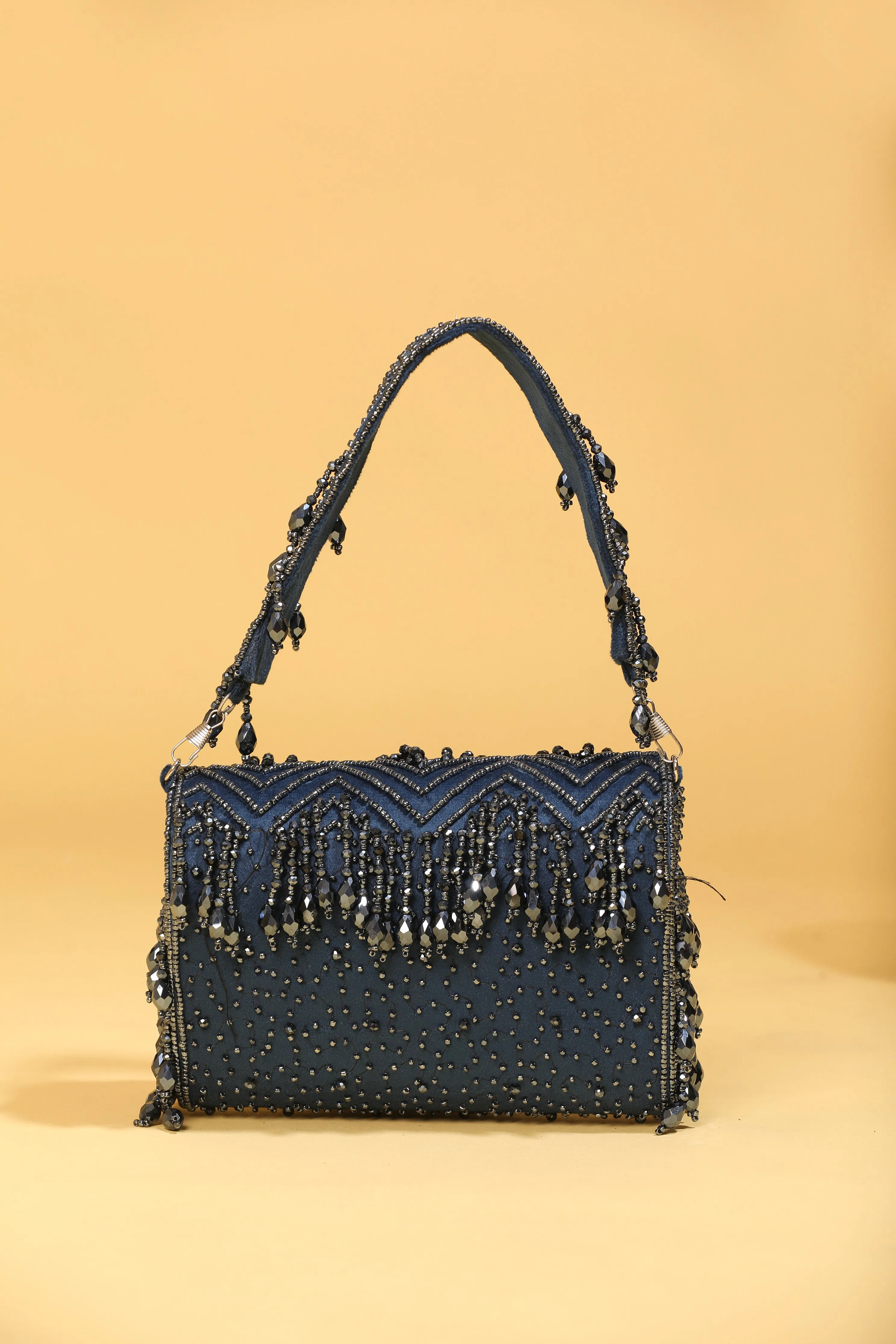 Embellished Blue Purse Clutch with Fold-Over Design