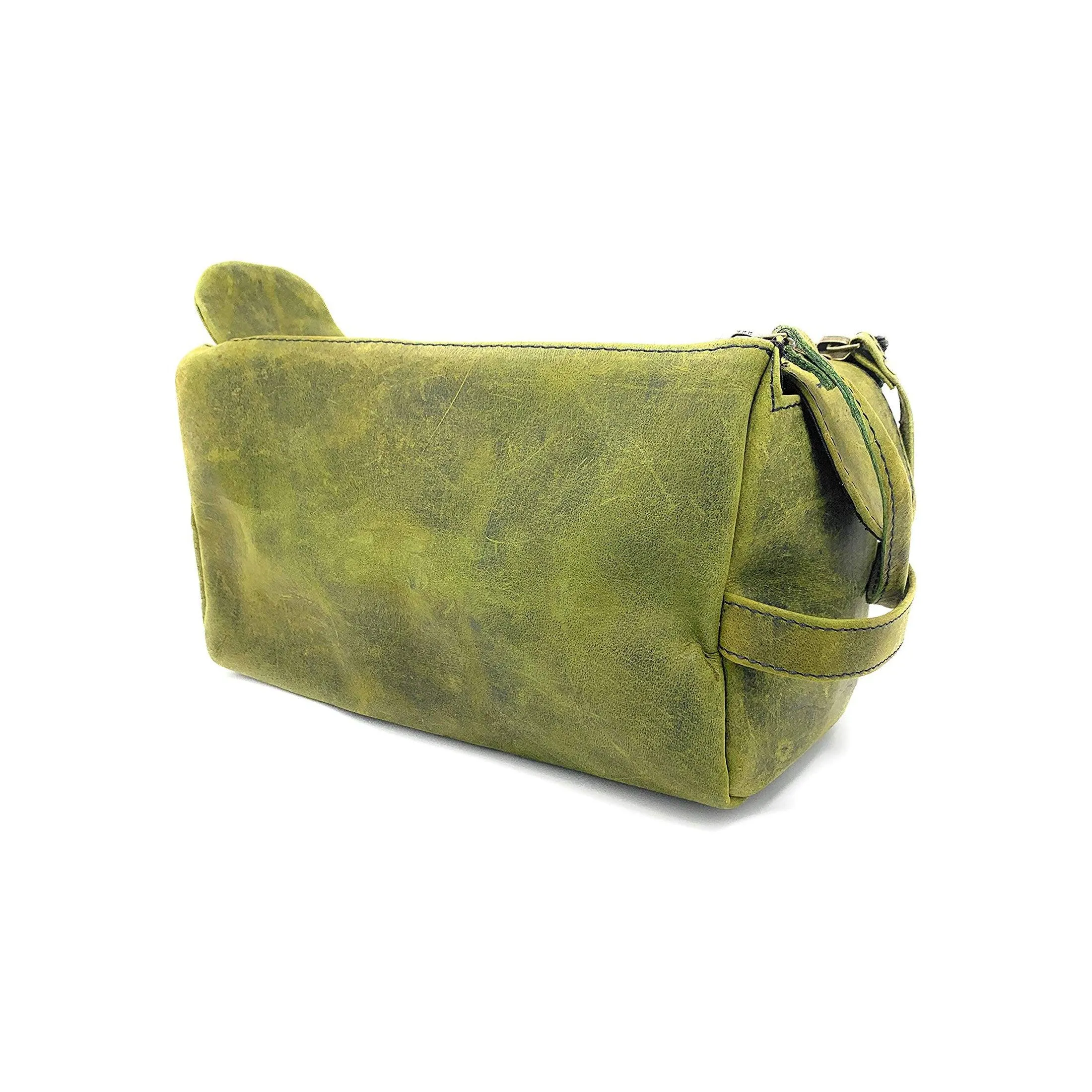 Genuine Buffalo Leather Unisex Toiletry Bag Travel Dopp Kit (Distressed Green)