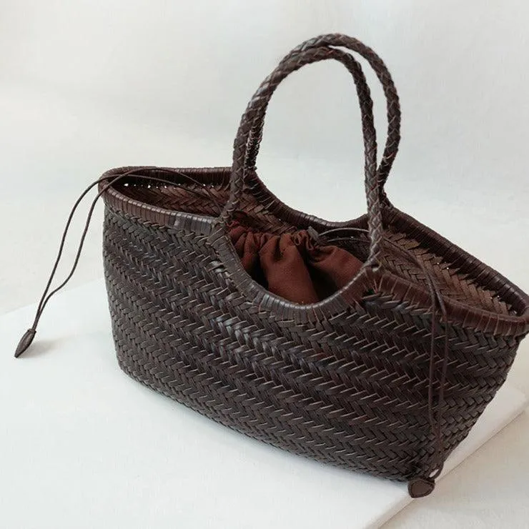 Handcrafted Woven Leather Tote Bag, Full Grain Leather Hand Woven Triple Jump Bamboo Style Ladies HOBO Bag, Summer Holiday Bag