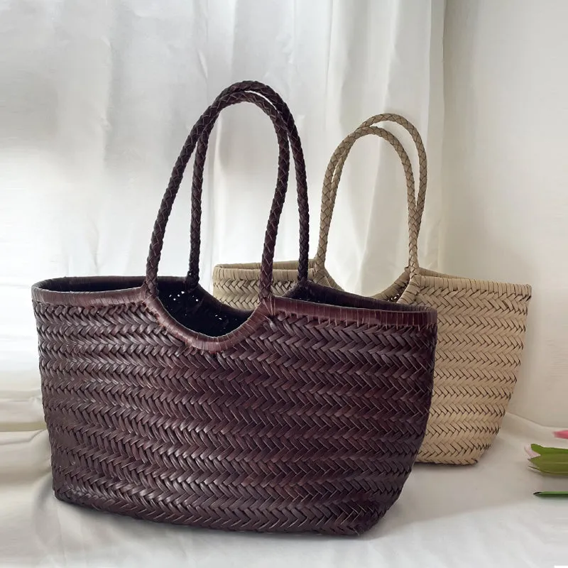 Handcrafted Woven Leather Tote Bag, Full Grain Leather Hand Woven Triple Jump Bamboo Style Ladies HOBO Bag, Summer Holiday Bag