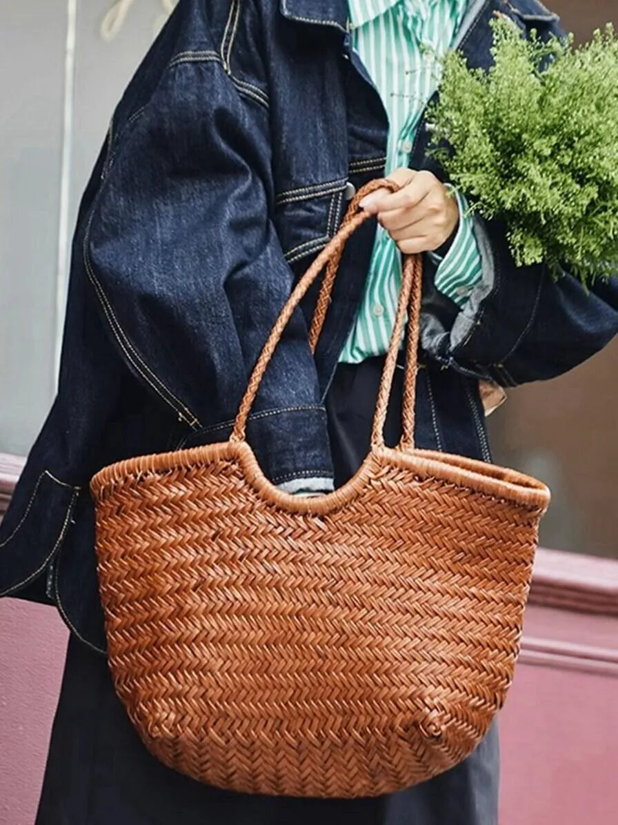 Handcrafted Woven Leather Tote Bag, Full Grain Leather Hand Woven Triple Jump Bamboo Style Ladies HOBO Bag, Summer Holiday Bag