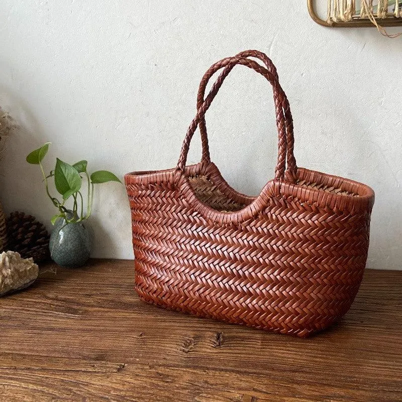 Handcrafted Woven Leather Tote Bag, Full Grain Leather Hand Woven Triple Jump Bamboo Style Ladies HOBO Bag, Summer Holiday Bag