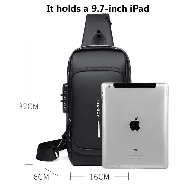 Men's Sleek Anti-theft PU Leather Crossbody Bag - USB Charging, Stylish Print & Zip Closure 4109