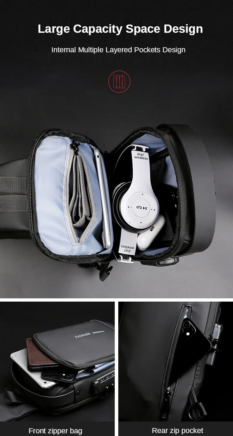 Men's Sleek Anti-theft PU Leather Crossbody Bag - USB Charging, Stylish Print & Zip Closure 4109