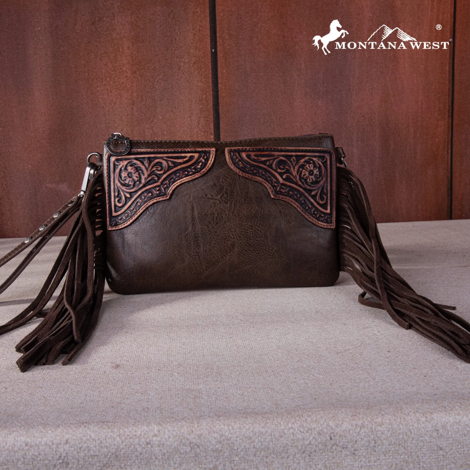 MW1262-181 Montana West Floral Tooled Fringe Wristlet Clutch/Crossbody Bag