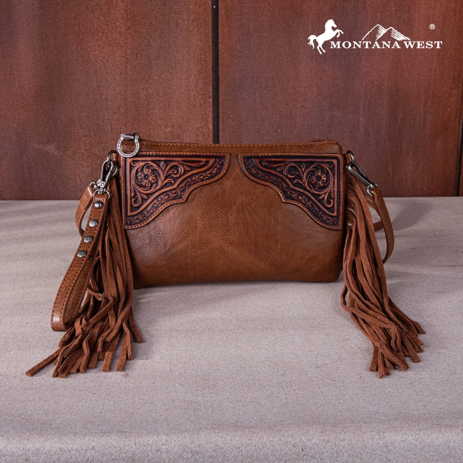 MW1262-181 Montana West Floral Tooled Fringe Wristlet Clutch/Crossbody Bag