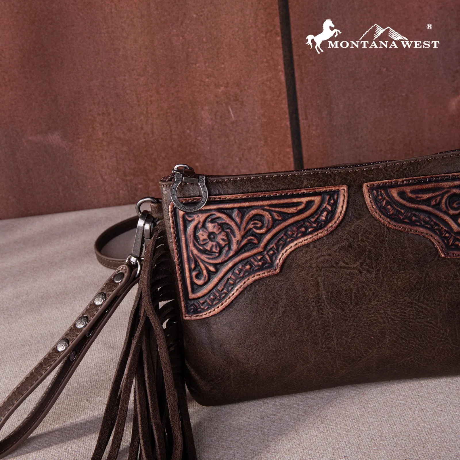 MW1262-181 Montana West Floral Tooled Fringe Wristlet Clutch/Crossbody Bag