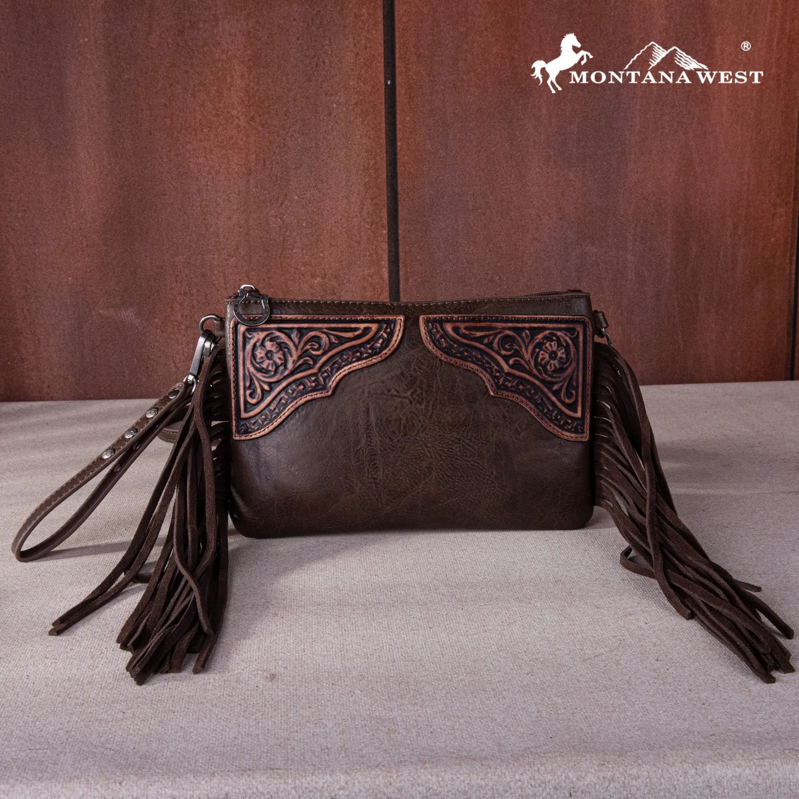 MW1262-181 Montana West Floral Tooled Fringe Wristlet Clutch/Crossbody Bag