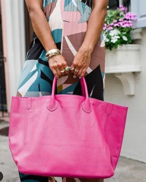 Oversize Large Leather Tote Bag, Cowhide Leather Everyday Bag, Leather Shoulder Bag, Weekend Bag Crossbody Bag, Lady Fashion Bag Hot Pink