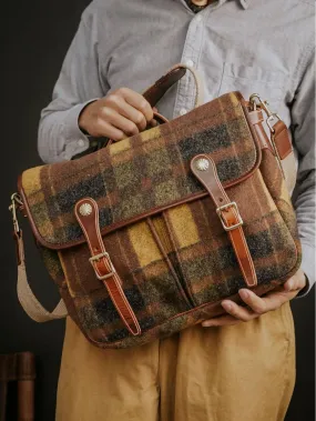 Plaid Wool Bag Tweed Bag, Women Cowhide Leather Bag, Trendy Fall Winter 2022-2023 Emerald Green Bag, Men Shoulder Strap Hobo Bag