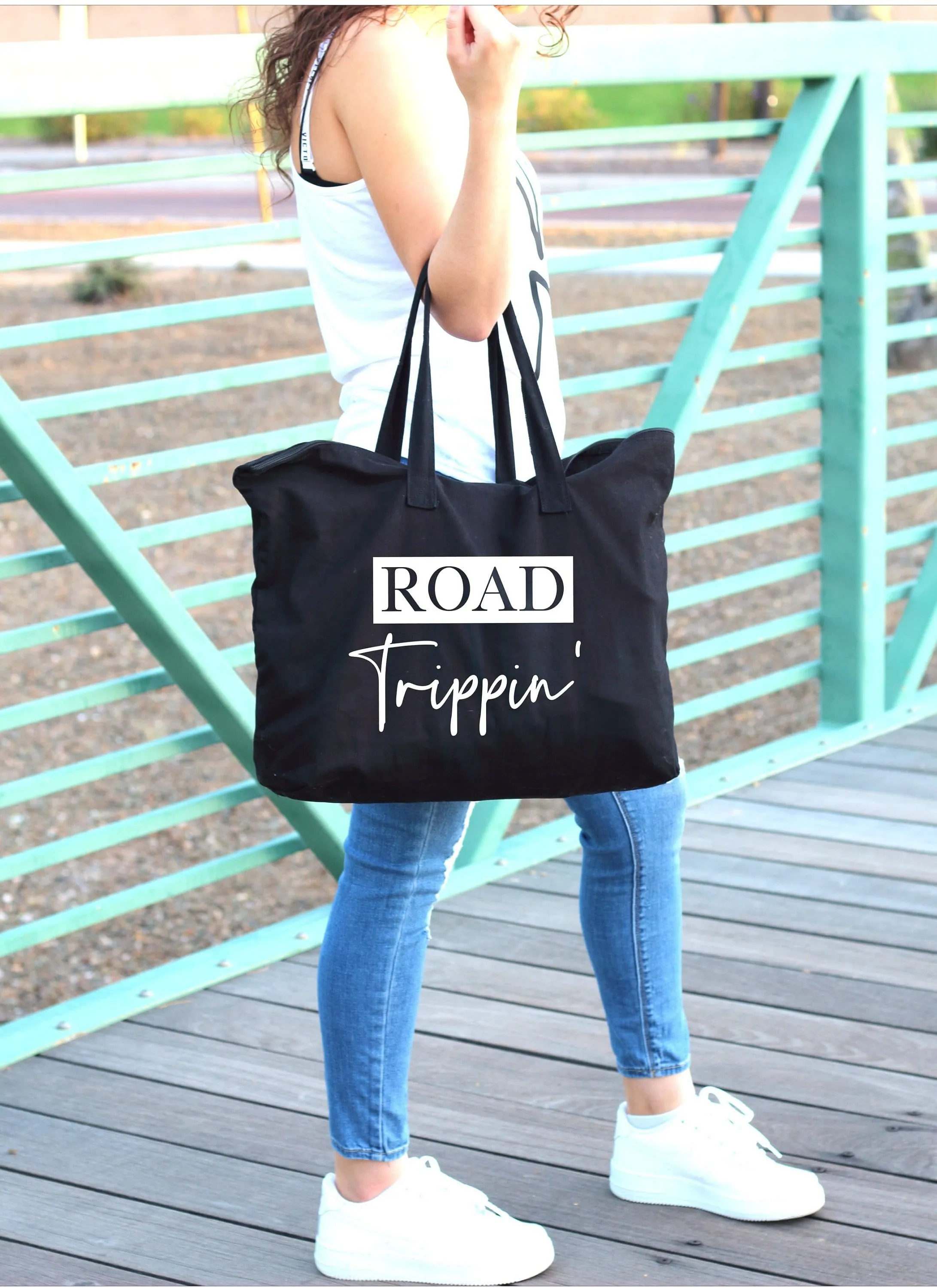 Road Trippin' large custom black canvas zipper tote bag for women