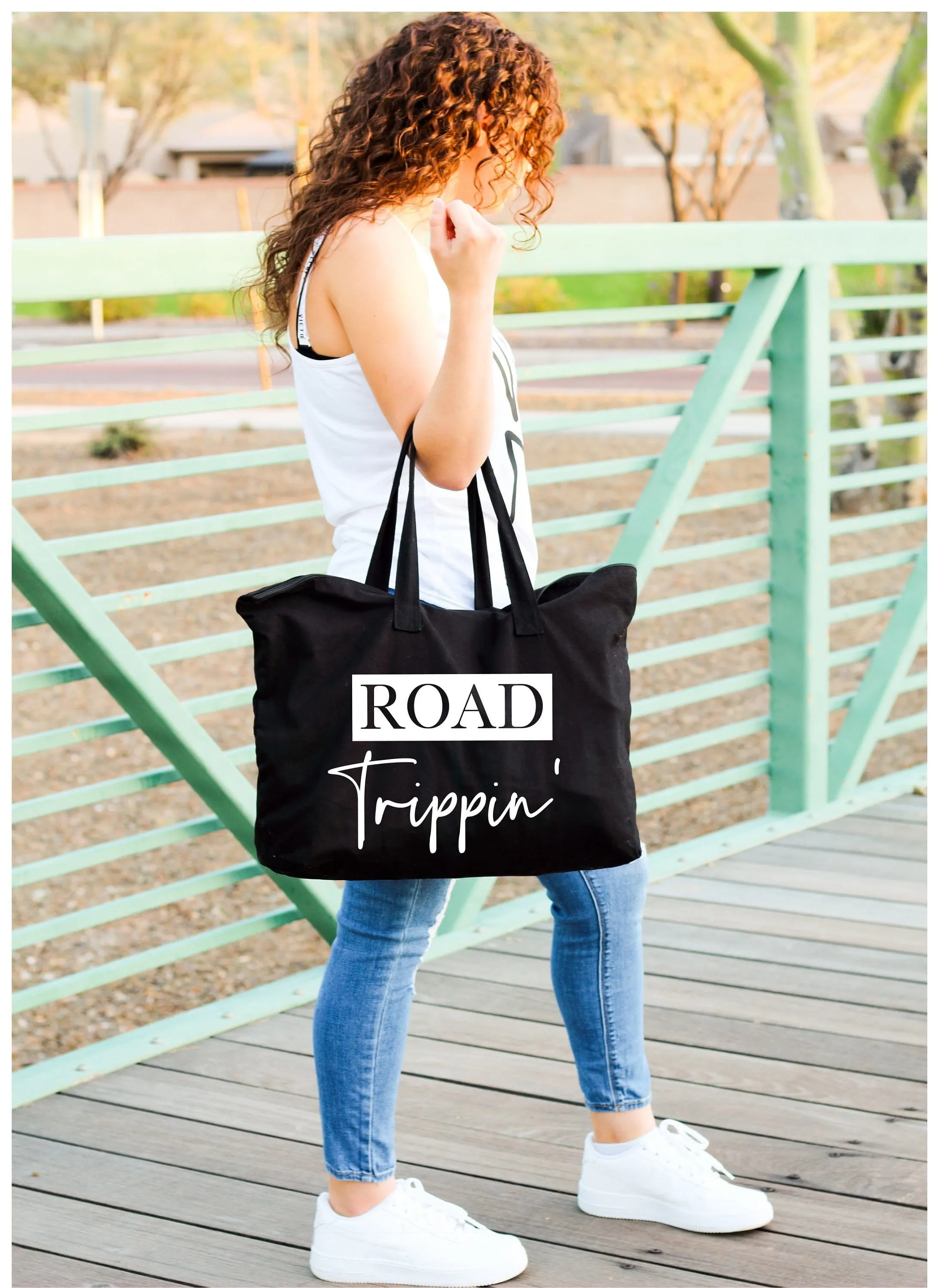 Road Trippin' large custom black canvas zipper tote bag for women