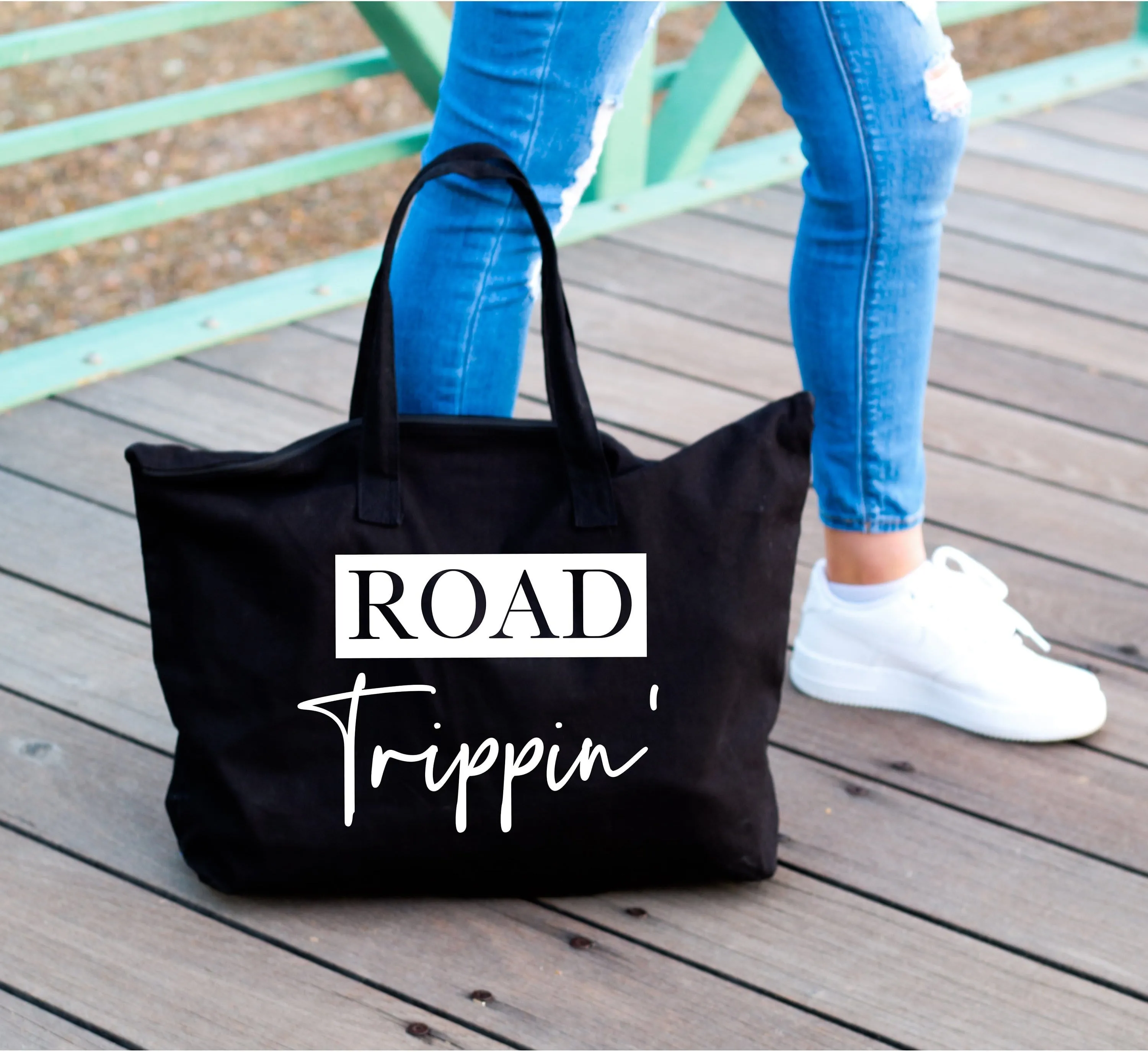 Road Trippin' large custom black canvas zipper tote bag for women