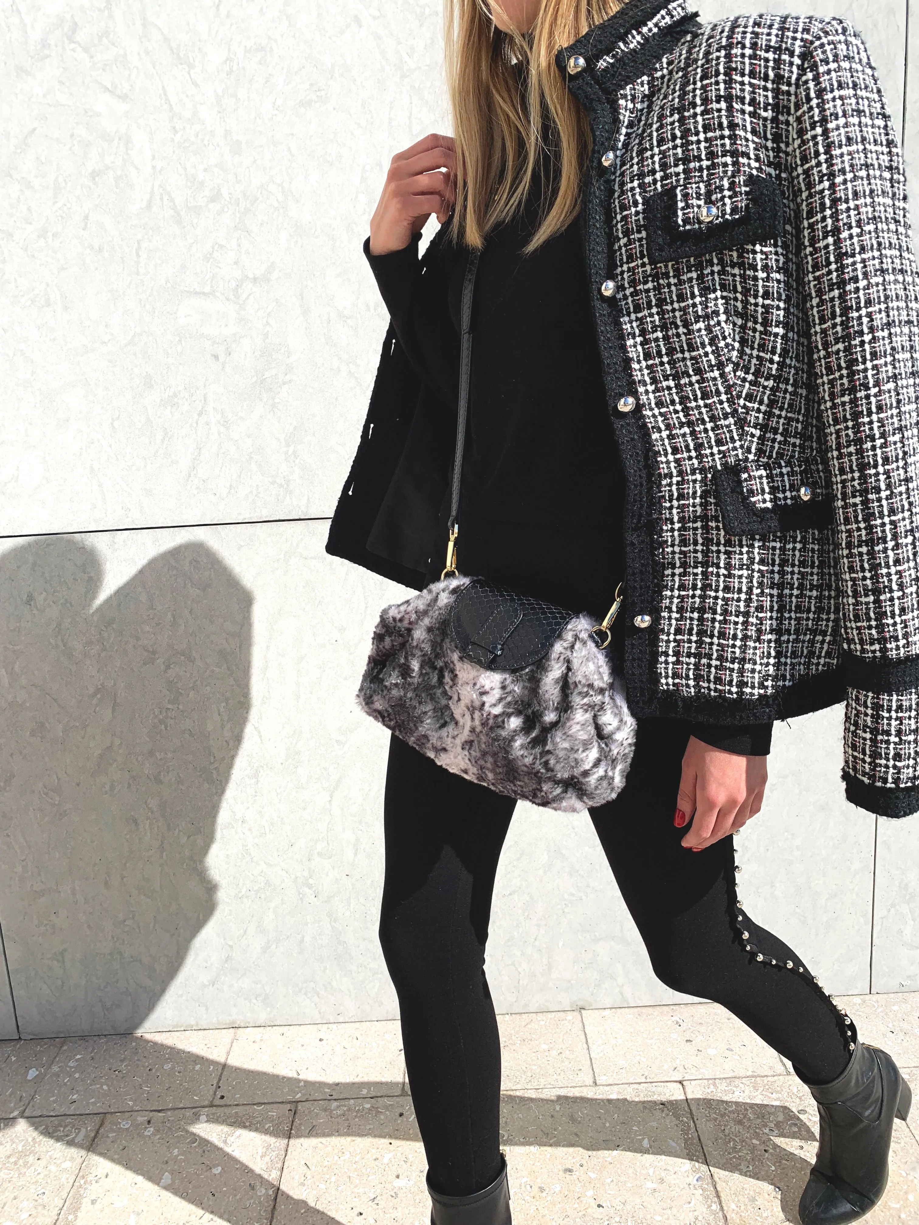 Serena in Faux Fur/Black Leather with Marble Chain