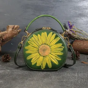 SUNFLOWER LEATHER Bag for Women, Vintage Women's Boho Bag, Sun Tooled Leather Handbag, Western Shoulder Bag, Fashionable Round Bag