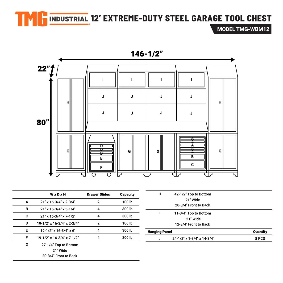 TMG Industrial 12’ Extreme-Duty Steel Garage Tool Chest w/Pegboard, Power Outlets, USB Port, Magnetic Motion LED Lamps, Cabinets & Roll-Out Tool Chest, TMG-WBM12