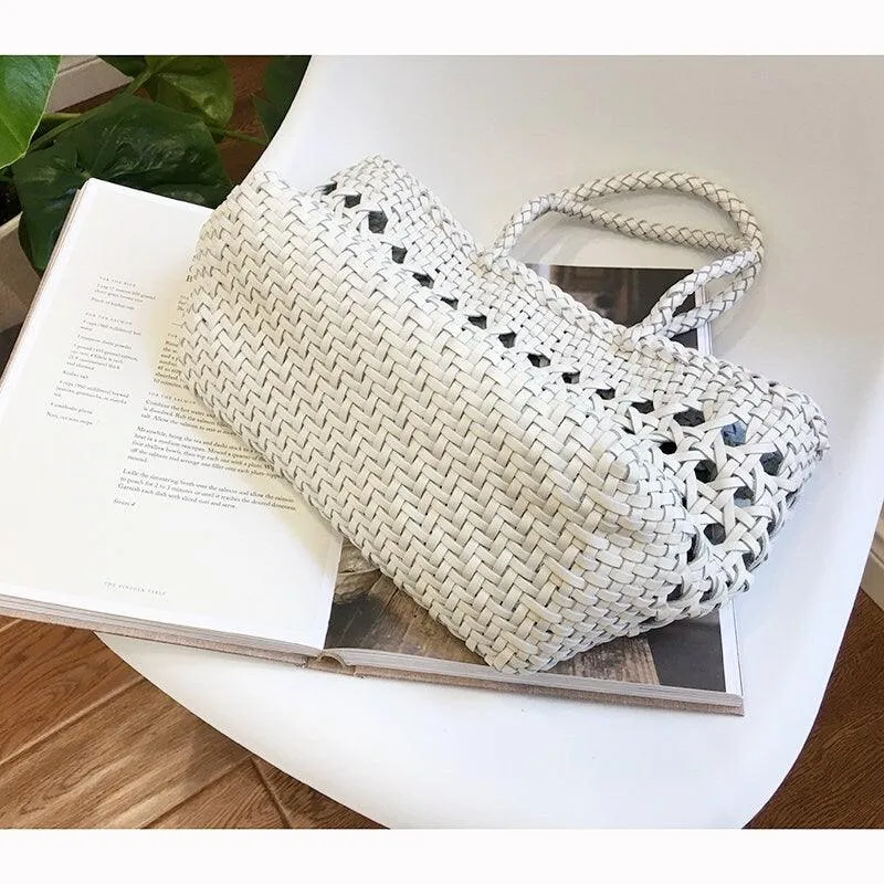 White Genuine Leather Hand Woven Cuboid Shaped Ladies TOTE, Open Rattan Woven Triple Jump Bamboo Ladies Hobo Holiday Bag, Beach Basket Bag