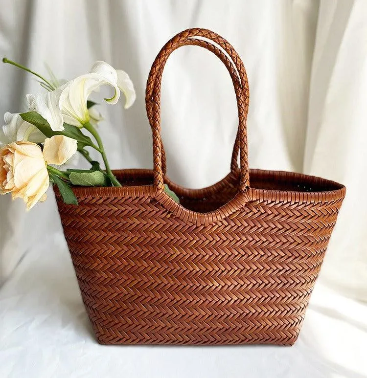 Woven Leather Tote Bag, Leather Hand Woven Triple Jump Bamboo Style Ladies HOBO Bag, Summer Holiday Bag, Handcrafted  Women Woven Bag